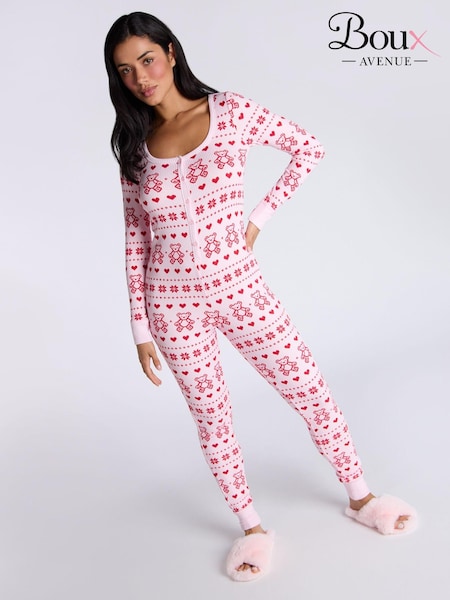 Boux Avenue Pink Rib Christmas Bear Fairisle Pattern Long Sleeve All-In-One (AB4948) | €25
