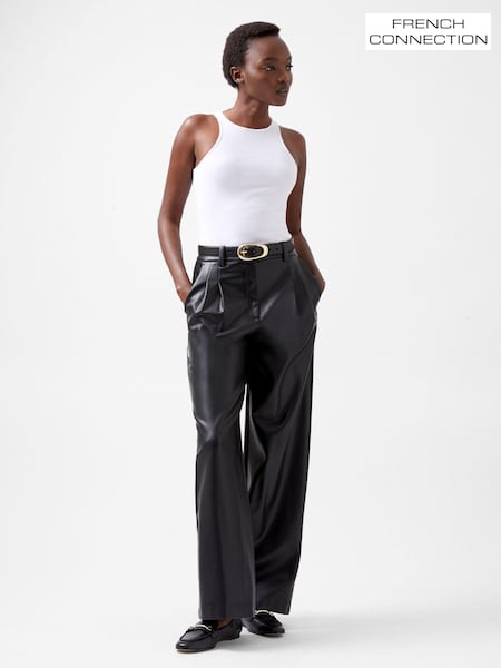 French Connection Black PU Crolenda Wide Leg Trousers (AB5297) | ₪397