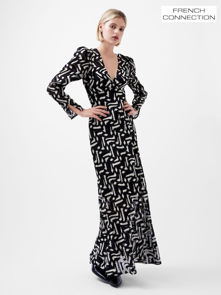 French Connection Black Satin Diandra Burnout Dress (AB5322) | ₪704