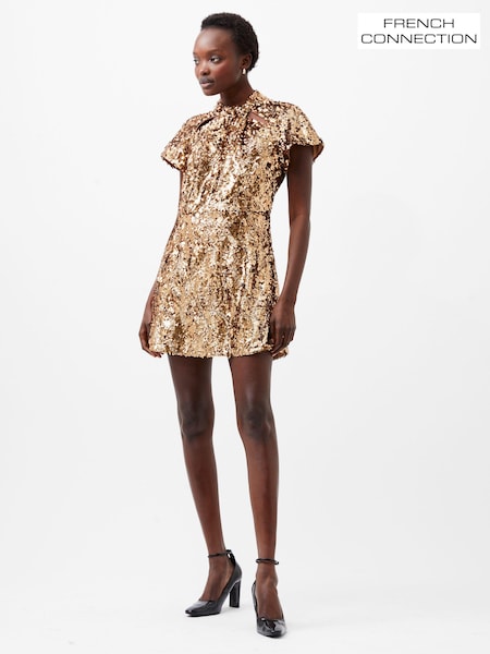 French Connection Brown Sequin Mesh Dress (AB5465) | 490 QAR