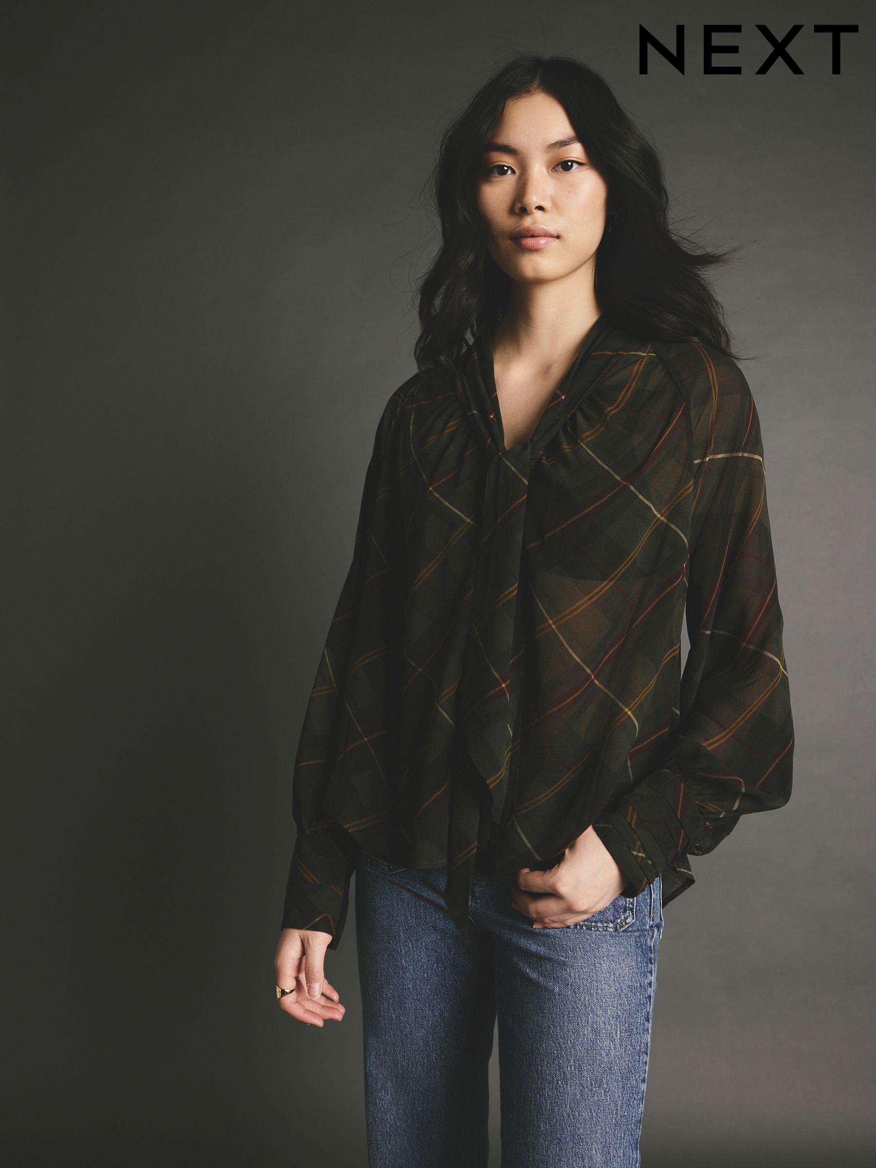 Blouses Black Check Tartan Long Sleeve Puff Sleeve Tops