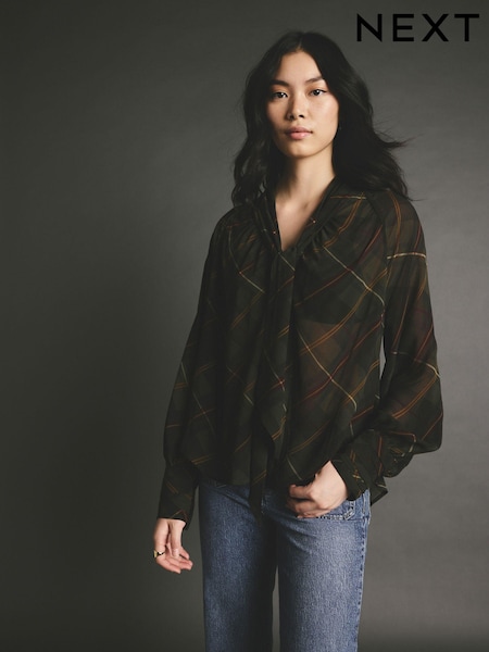 Black Check Tartan Long Sleeve Tie Neck Blouse (AB5549) | 103 QAR