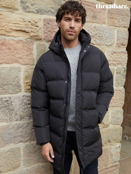 Threadbare Black Showerproof Hooded Longline Puffer Jacket (AB5625) | ₪428