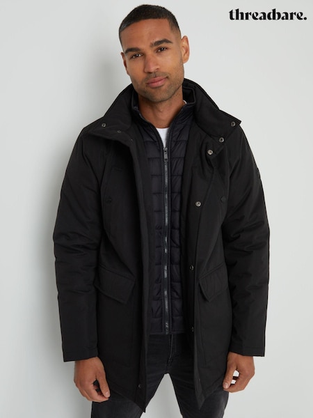 Threadbare Black Showerproof Funnel Neck Mock Layer Coat (AB5647) | ₪367