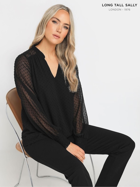 Long Tall Sally Black Dobby Spot Shirred Cuff Top (AB5709) | AED163