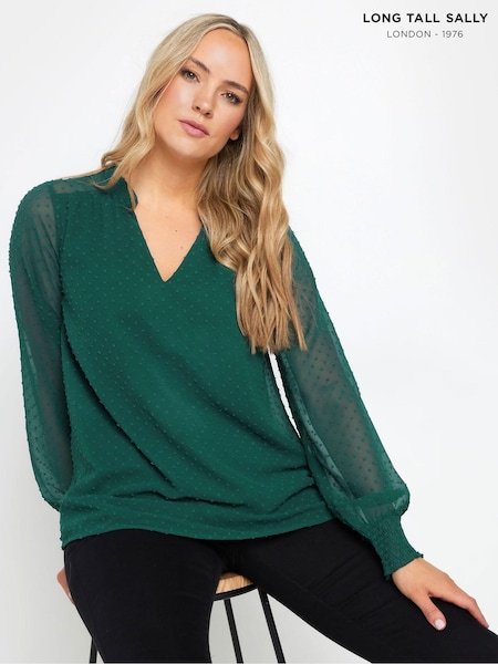 Long Tall Sally Dobby Spot Shirred Cuff Top (AB5739) | ‏141‏₪