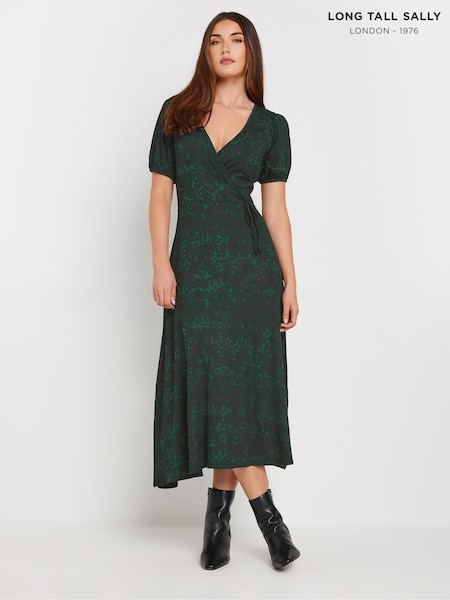 Long Tall Sally Green Animal Wrap Midi Dress (AB5749) | $63