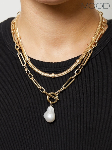Mood Gold Tone Pearl Chain Link Necklace (AB5782) | €15