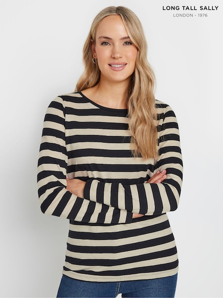 Long Tall Sally Black Stripe Long Sleeve Scoop Neck 100% Cotton T-Shirt (AB5825) | €25