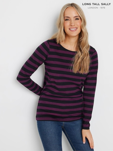 Long Tall Sally Purple Stripe Long Sleeve Scoop Neck 100% Cotton T-Shirt (AB5841) | kr271
