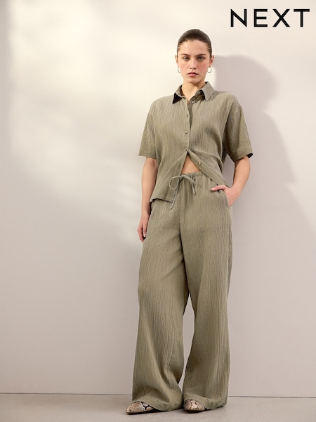 Khaki Green Wide Leg Textured Co-ord Trousers with Linen (AB5864) | €33.50