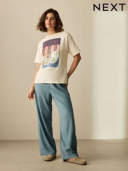 כחול  - Tie Waist Wide Leg Linen Blend Trousers (AB5866) | ‏100‏₪
