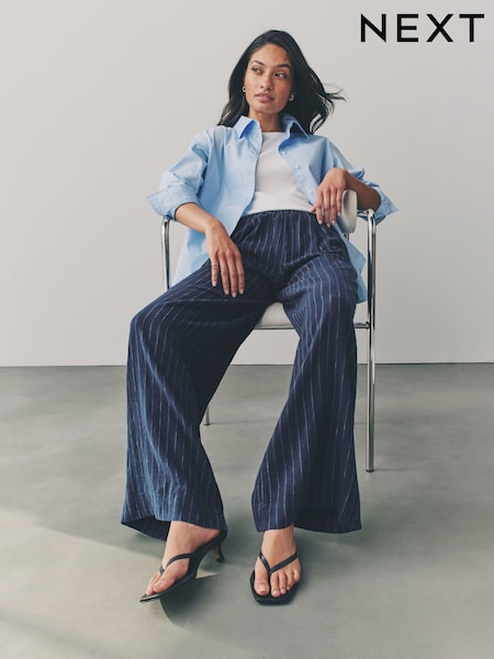 Blue Pinstripe Linen Rich Wide Leg Trousers (AB5871) | 1,131 UAH