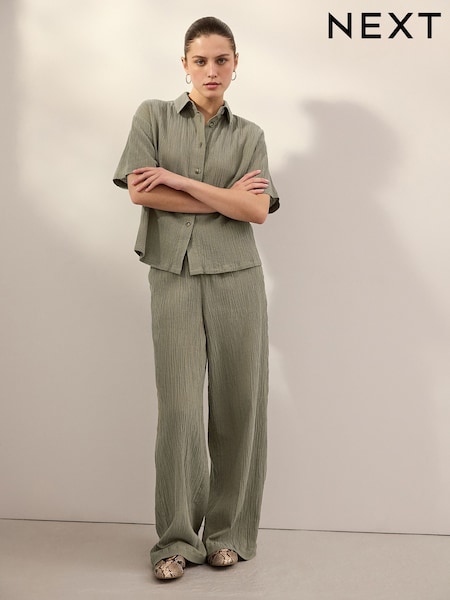 Khaki Green Short Sleeve Textured Co-ord Shirt With Linen (AB5885) | $43