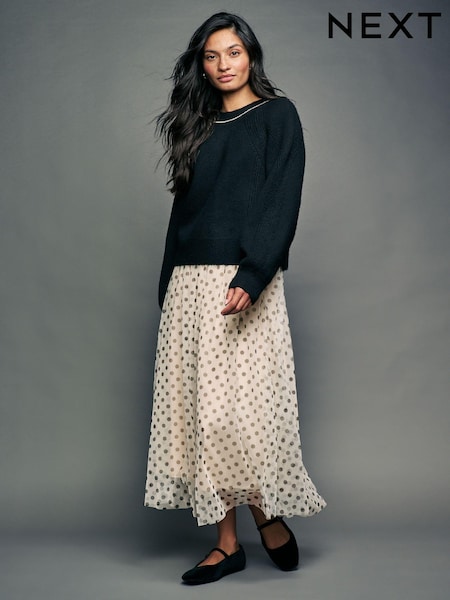 Ecru Spot Mesh Tulle Midi Skirt (AB5921) | BGN 149