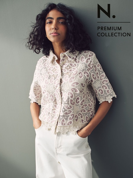 Blush Pink/Ecru N. Premium Crochet Lace Short Sleeve Shirt (AB5927) | €69