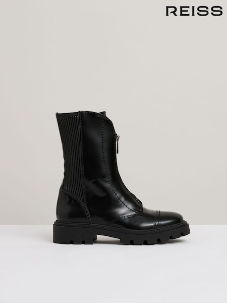 Reiss Black Sophie Leather Zip-Front Ankle Boots (AB5957) | AED1,714