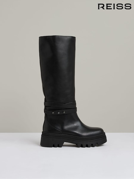 Reiss Black Albany Leather Chunky Flat Knee-High Boots (AB5968) | AED2,074