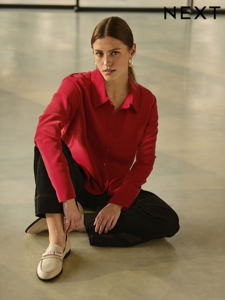 Red Crepe Long Sleeve Button Down Shirt (AB6056) | $55