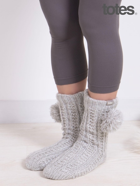 Totes Grey Ladies Sparkle Winter Slipper Socks with Pom Pom (AB6230) | €11.50
