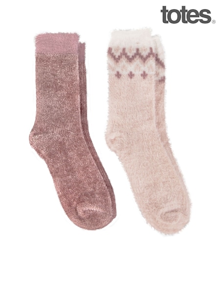 ורוד - Totes Ladies Fairisle Pattern And Chenille Winter Slipper Socks 2 Pack (AB6233) | ‏80‏₪