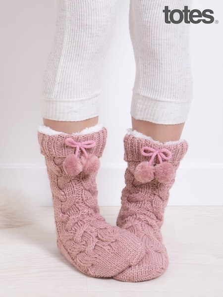 Totes Ladies Chunky Knit Winter Slipper Socks With Poms (AB6235) | ‏111‏₪