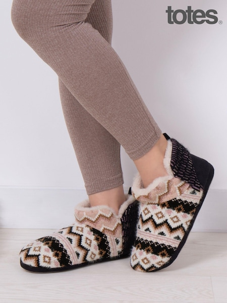 Totes Black Ladies Fairisle Knit Short Boot Slippers (AB6407) | ₪151