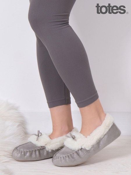 Totes Grey Ladies Sparkle Winter Moccasin Slippers (AB6409) | €33