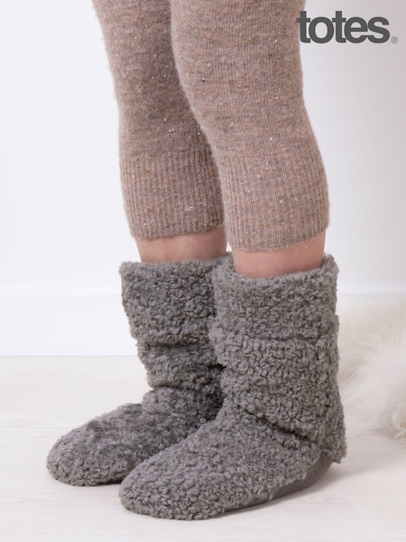 אפור - Totes Ladies Faux Fur Slipper Sock Booties (AB6420) | ‏121‏₪