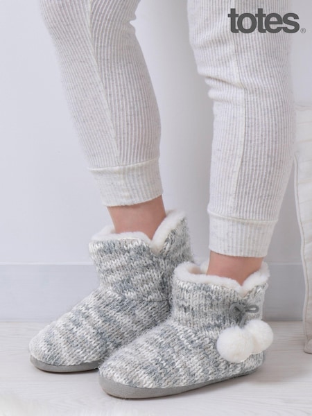 Totes Grey Ladies Knitted Boot Slippers with Pom Pom (AB6426) | ₪151