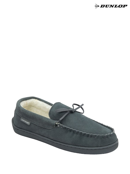 Dunlop Grey Mens Faux Fur Lined Leather Moccasin Slippers (AB6451) | €43