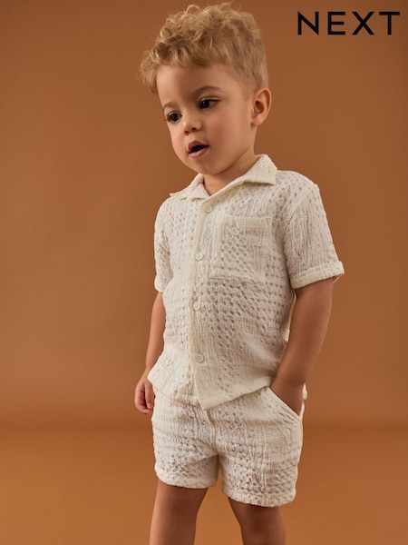 Ecru Texture Plain Short Sleeves Revere Collar Texture 100% Cotton Shirt & Shorts Set (3mths-7yrs) (AB6468) | €33 - €39