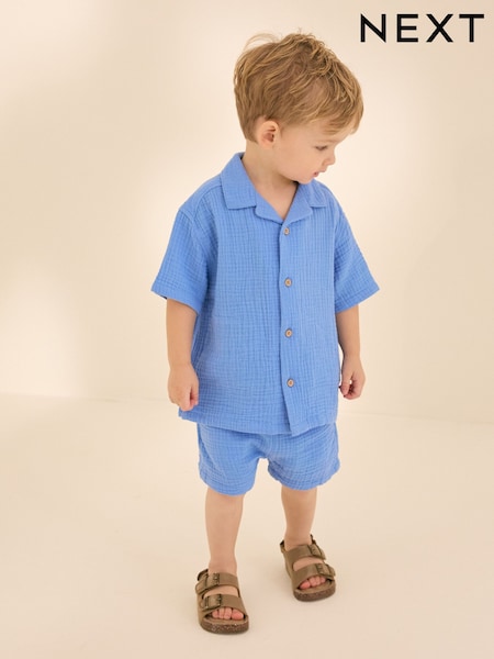 Bright Blue Plain Shirt & Short Set 100% Cotton Short Sleeves Revere Collar Textured Shirt & Shorts Set (3mths-7yrs) (AB6474) | €25 - €30