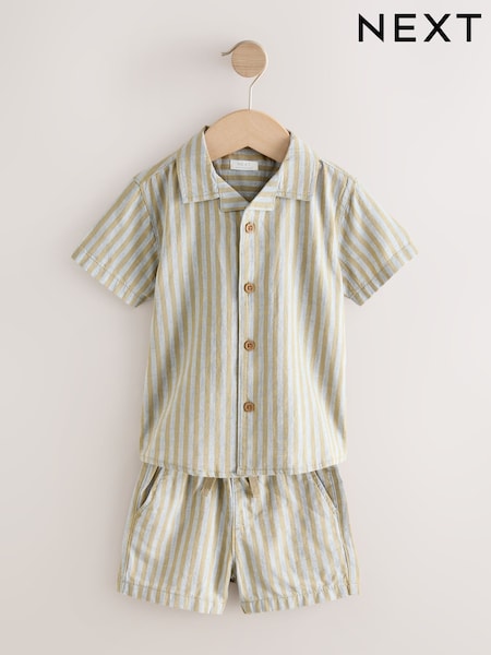 Green/Grey Short Sleeve Linen Blend Stripe Shirt and Shorts Set (3mths-7yrs) (AB6476) | 99 QAR - 119 QAR
