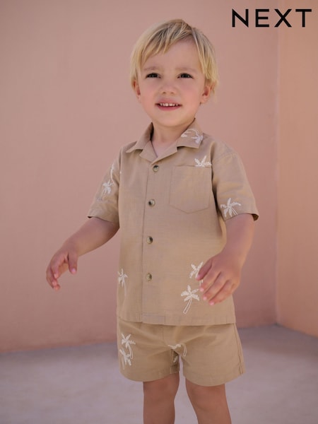 світло-коричневий Brown Texture Palm - Revere Collar Short Sleeve Texture Shirt And Shorts Set (3mths-7yrs) (AB6478) | 823 грн - 988 грн