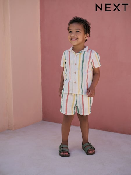 Rainbow Stripe Shirt & Short Set 100% Cotton Short Sleeves Revere Collar Textured Shirt & Shorts Set (3mths-7yrs) (AB6480) | R$ 195 - R$ 235