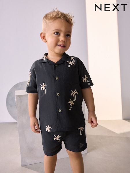 Black Palm Tree Embroidery Revere Collar Short Sleeve Texture Shirt And Shorts Set (3mths-7yrs) (AB6483) | LEI 149 - LEI 179