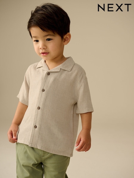 Neutral Plain Short Sleeves Linen Blend Revere Collar Shirt (3mths-7yrs) (AB6486) | $24 - $28