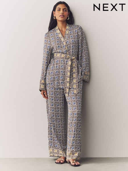 Blue/Brown Geometric Print Satin Textured Elasticated Waist Trousers (AB6489) | €51.50