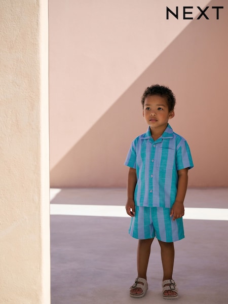 Blue Short Sleeves Revere Collar Stripe Shirt And Shorts Set (3mths-7yrs) (AB6492) | R$ 195 - R$ 235