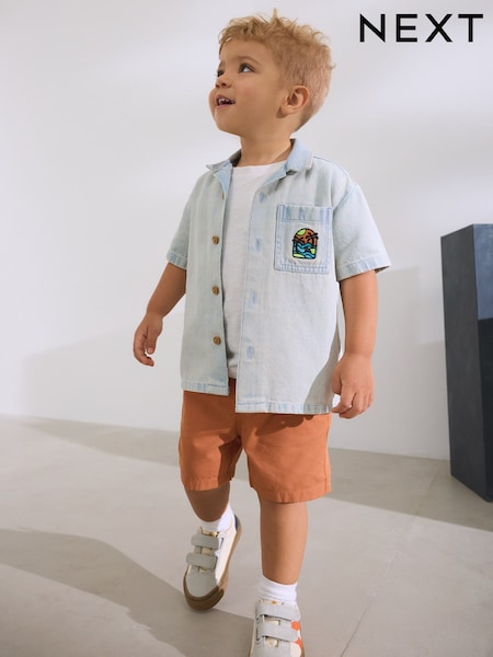 Blue Denim Print Short Sleeves Revere Collar Denim Backprint 100% Cotton Shirt (3mths-7yrs) (AB6494) | R$ 135 - R$ 155