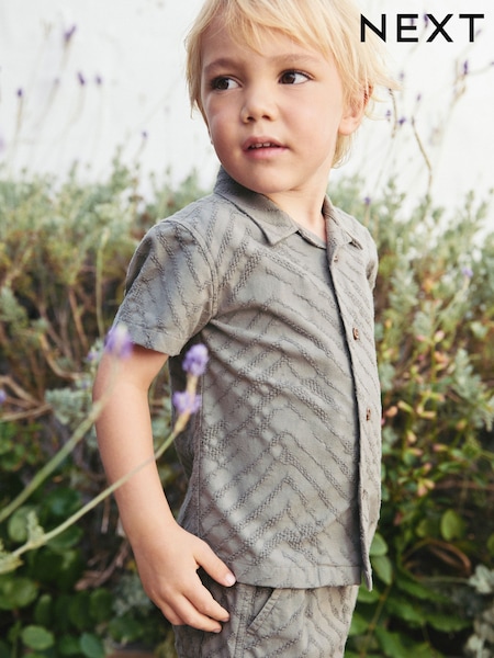Khaki Green Short Sleeves Revere Collar Texture 100% Cotton Shirt & Shorts Set (3mths-7yrs) (AB6502) | €33 - €39