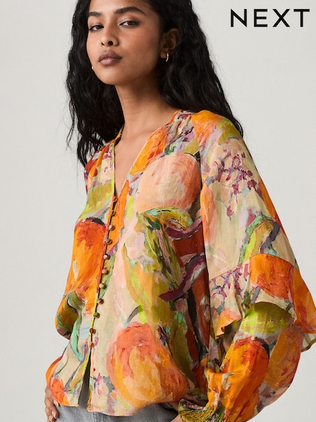 Oranssi Fruit Abstract Printti; kuvio - Sheer Volume Long Sleeve Blouse (AB6565) | €46