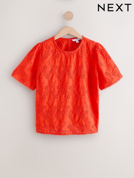 Red Textured Floral Cornelli Embroidered Short Sleeve 100% Cotton Blouse (AB6582) | $61