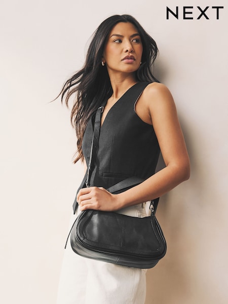 Black Leather Curve Cross-Body Bag (AB6596) | $100