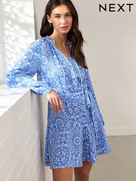 William Morris Blue/White Floral Print Tie Waist Long Sleeve Mini Shirt Dress (AB6629) | €46