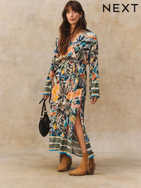 Green/Blue Palm Print - Kimono Sleeve Tie Waist Maxi Dress (AB6633) | ‏143‏₪