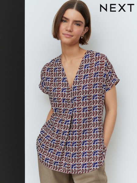Navy/Brown Geo Print Relaxed Fit Short Sleeve Overhead V-Neck Blouse (AB6636) | 848 UAH