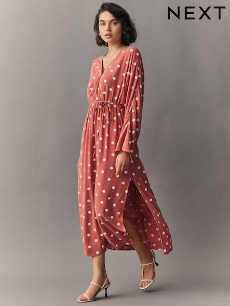 Terracotta and Cream Spot Kimono Sleeve Tie Waist Maxi Dress (AB6637) | €52.50