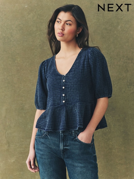 Indigo Blue Wash Puff Short Sleeve Doublecloth 100% Cotton Blouse (AB6645) | €36
